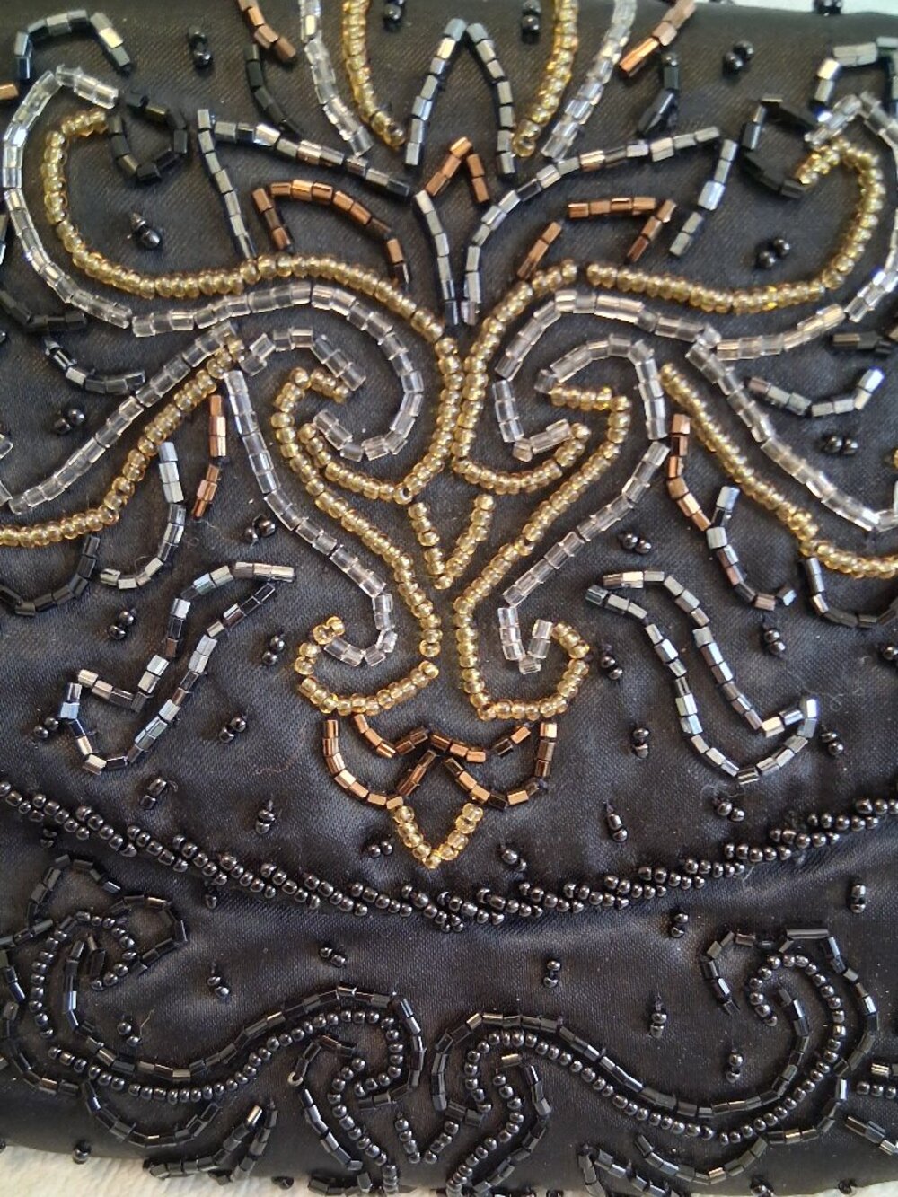 VTG Black Satin Beaded Evening Bag Convertible Crossbody Clutch Metallic Scroll - Picture 4 of 11